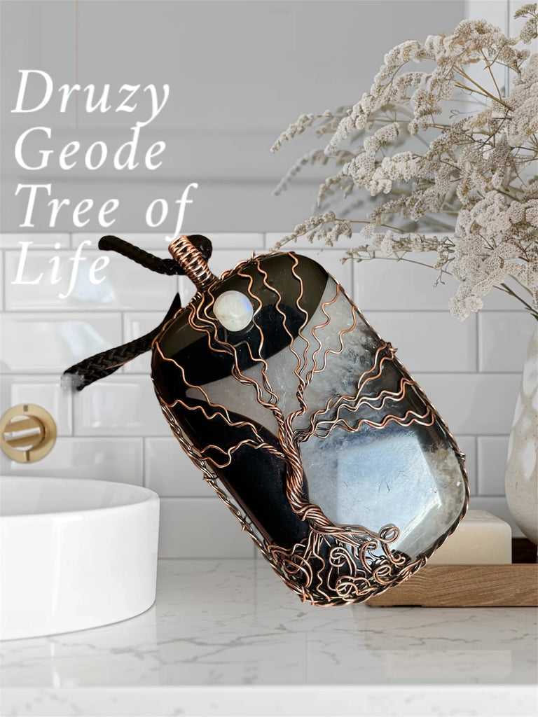 Black Druzy Agate Tree of Life with Moonstone Accent