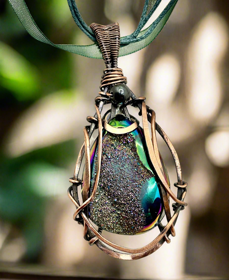 Green Titanium Aura Druzy Geode Agate Pendant Connie s Crystals