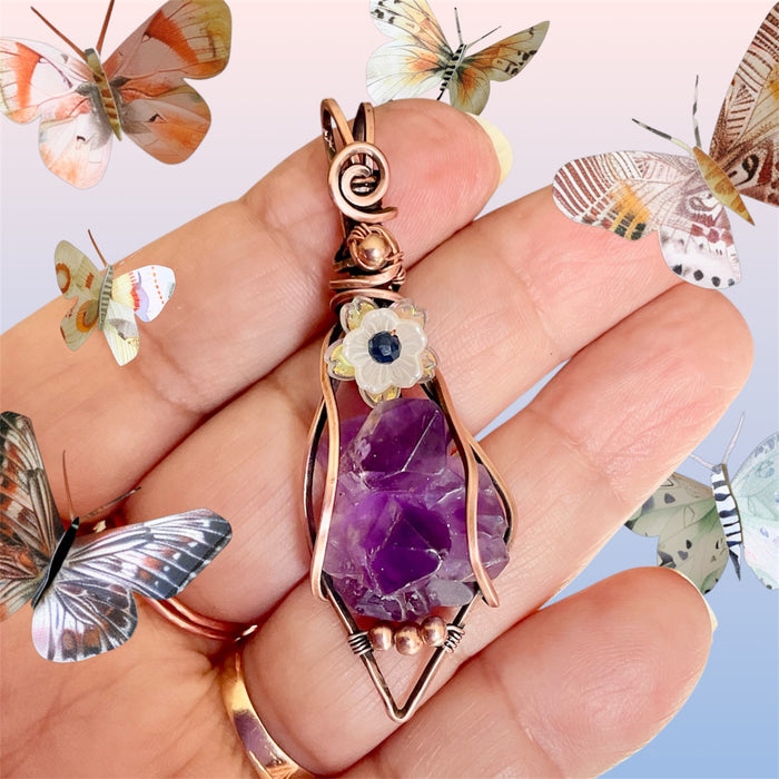 Raw Amethyst Pendant with Sapphire Flower Accent