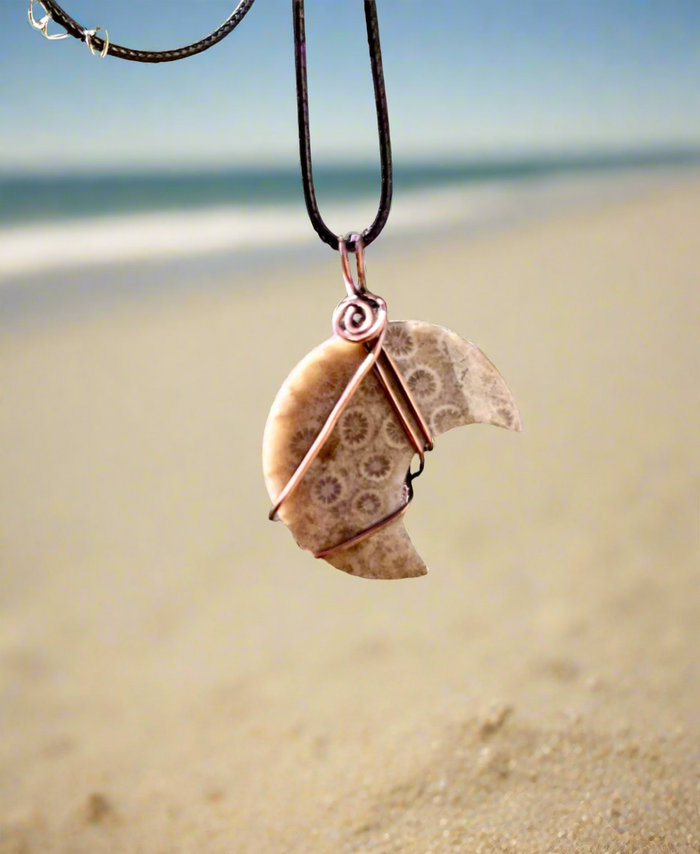 Coral Fossil Crescent Moon Pendant - Connie’s Crystals