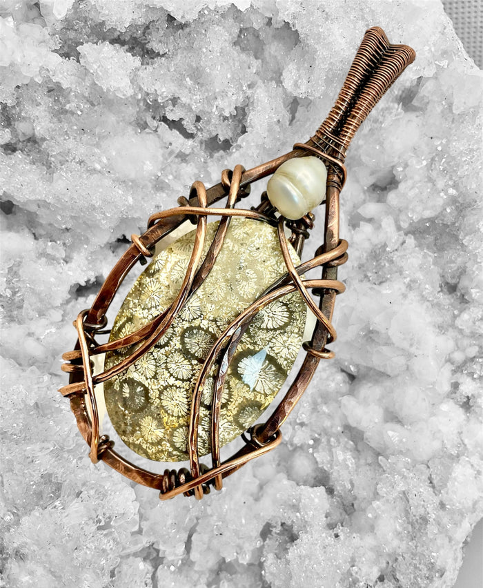 Coral Fossil Pendant With Fresh Water Pearl Accent - Connie’s Crystals