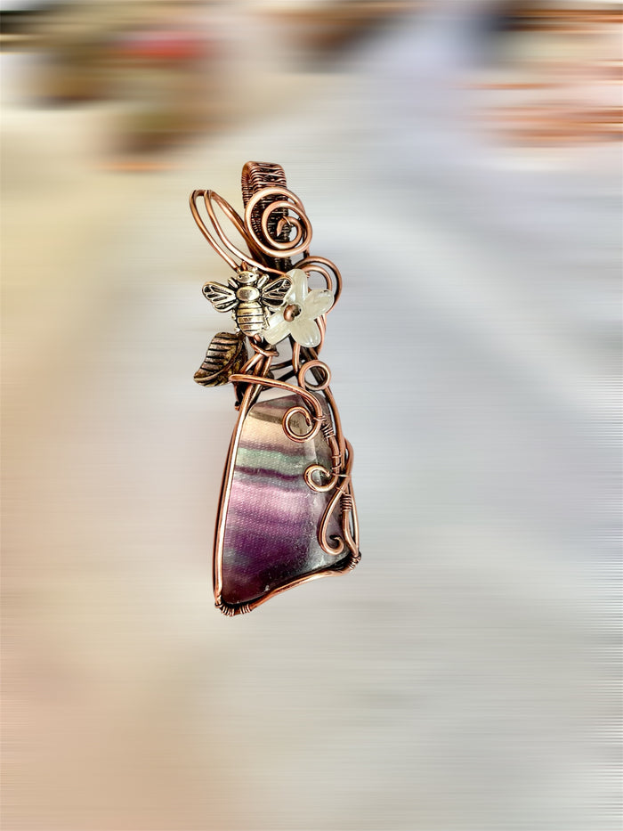 Rainbow Fluorite Pendant with Flower and Bee Accent