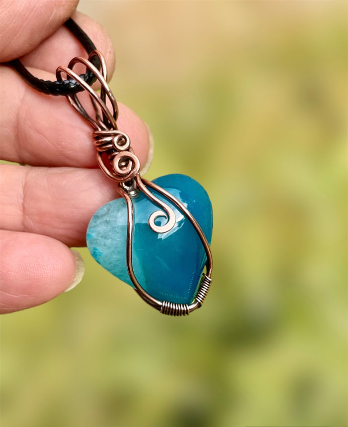 Druzy Geode Agate Wire Wrapped Heart Shaped Pendant - Connie’s Crystals