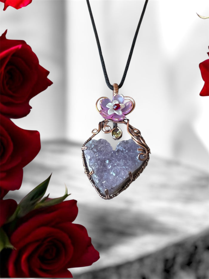 Amethyst Druzy Heart Pendant with Peridot & Flower Accent - Connie’s Crystals 