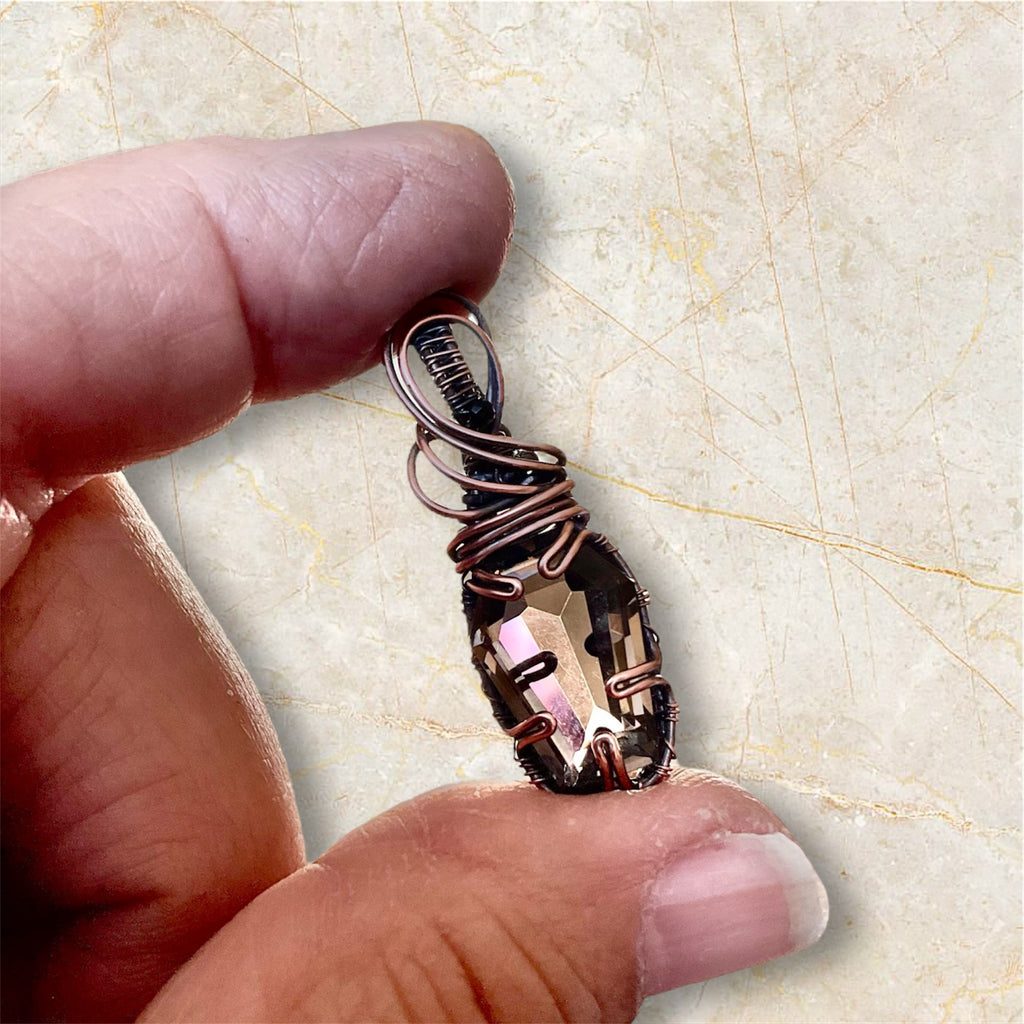Smokey Quartz Coffin Pendant – Wire Wrapped with Black Spinel