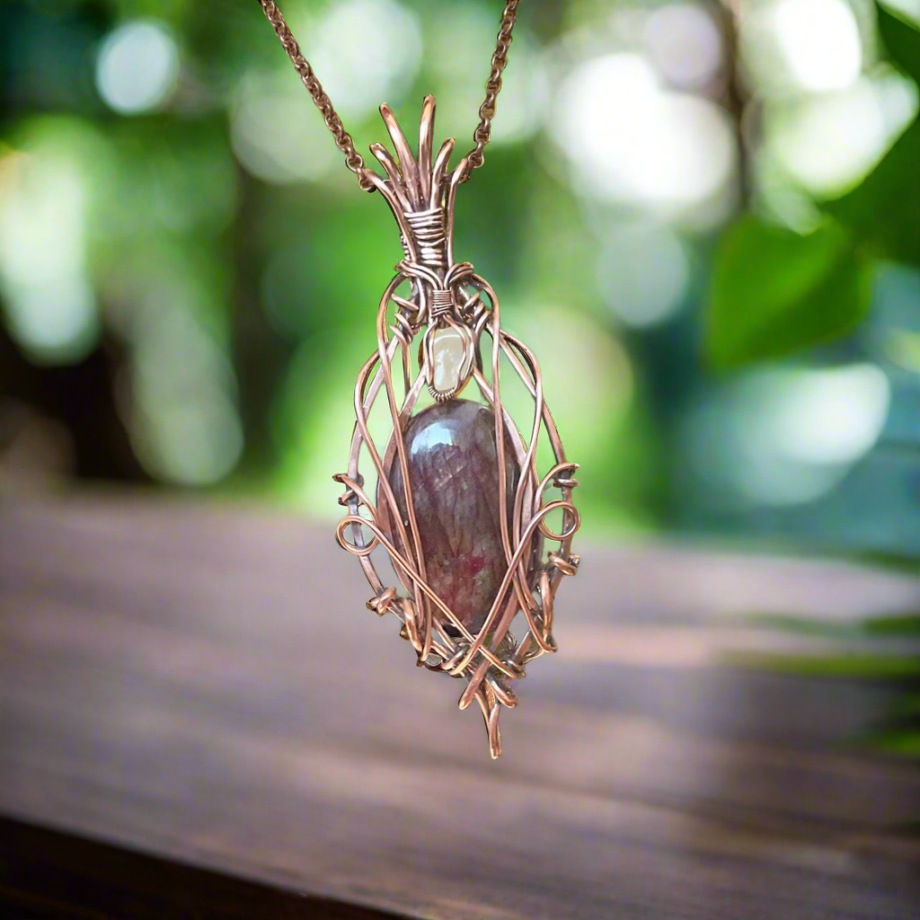Purple and Green Labradorite Wire Wrapped Pendant