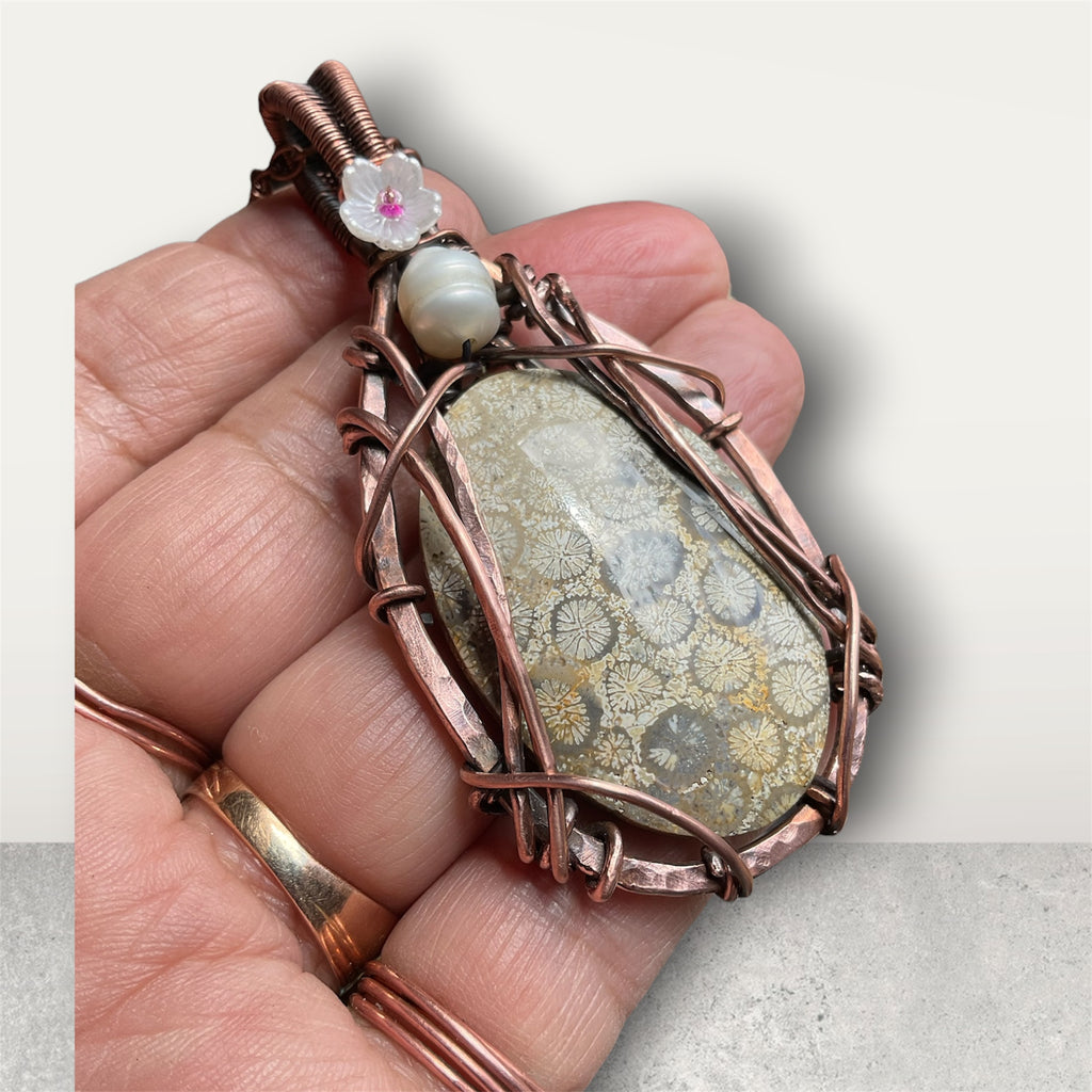 Coral Fossil Pendant With Fresh Water Pearl and Flower Accents