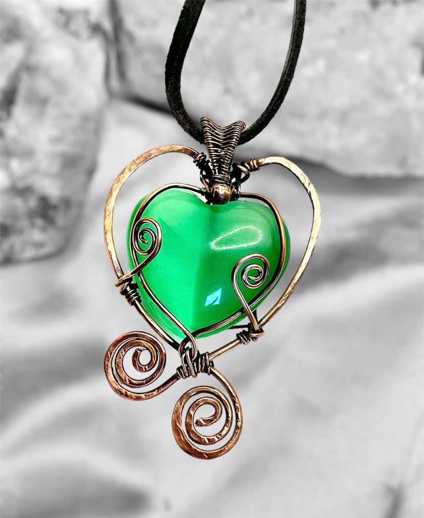 Green Cats Eye Heart Pendant