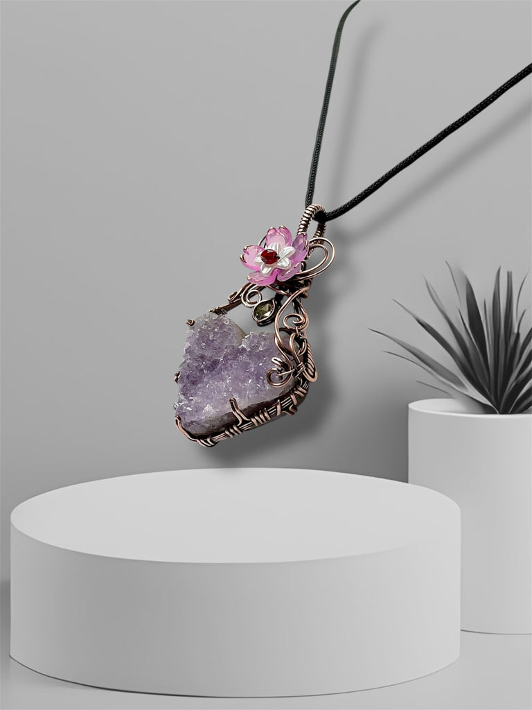 Amethyst Druzy Heart Pendant with Peridot & Flower Accent - Connie’s Crystals 