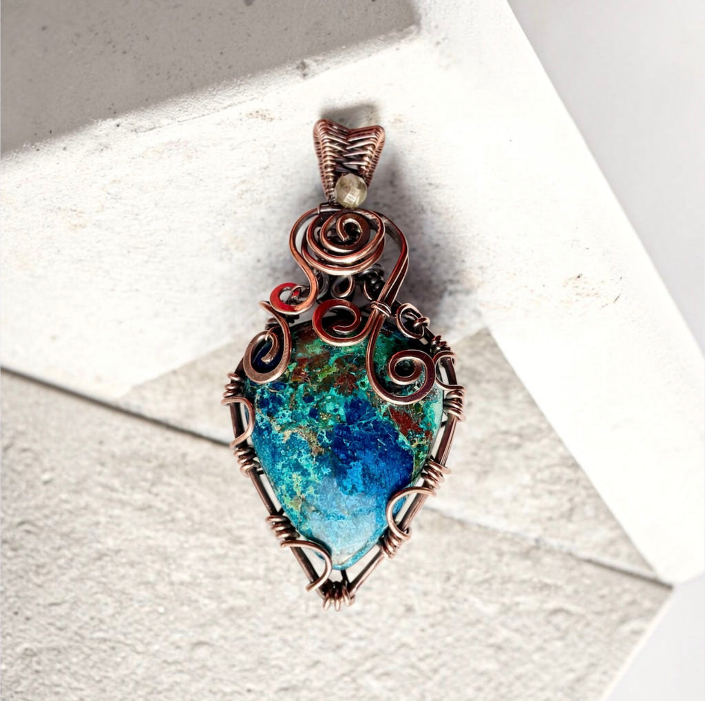 Azurite With Chrysocolla Copper Wire Wrapped Pendant
