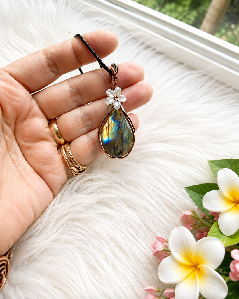 Labradorite Copper Wire Wrapped Pendants with Flower Accent - Connie’s Crystals 