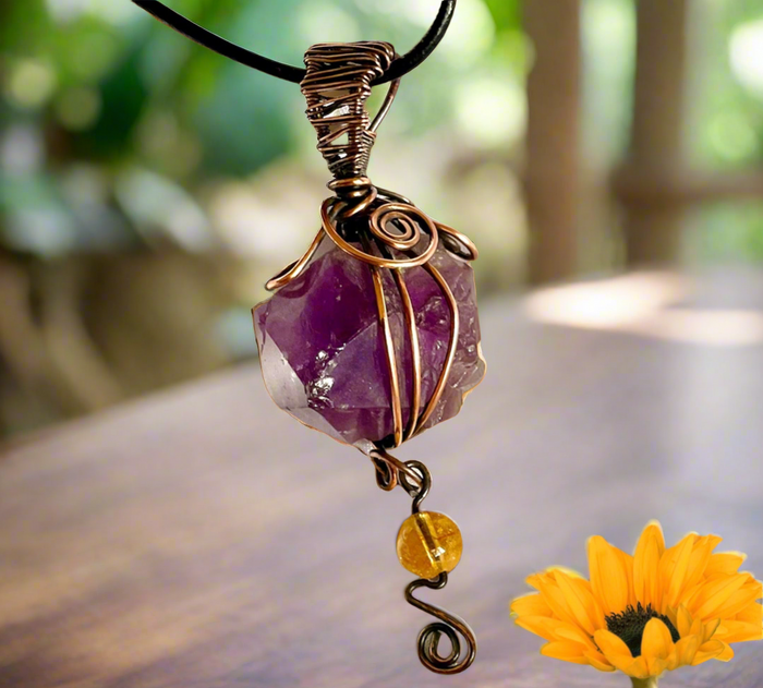 Amethyst Boho Pendant with Hanging Citrine - Connie’s Crystals 