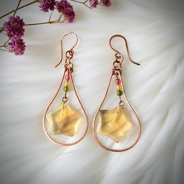 Fluorite Star Earrings with Rainbow Tourmaline