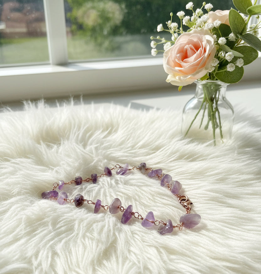 Rose Quartz & Amethyst Copper Wire Wrapped Anklets