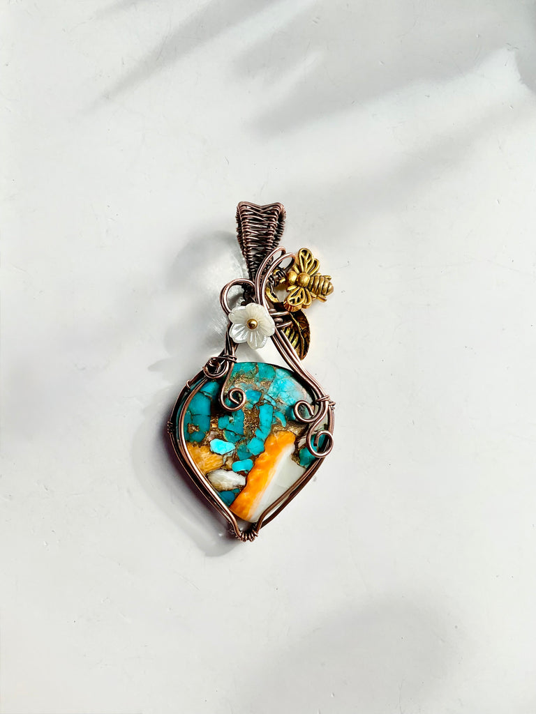 Spiny Oyster Turquoise Copper Wire-Wrapped Pendant