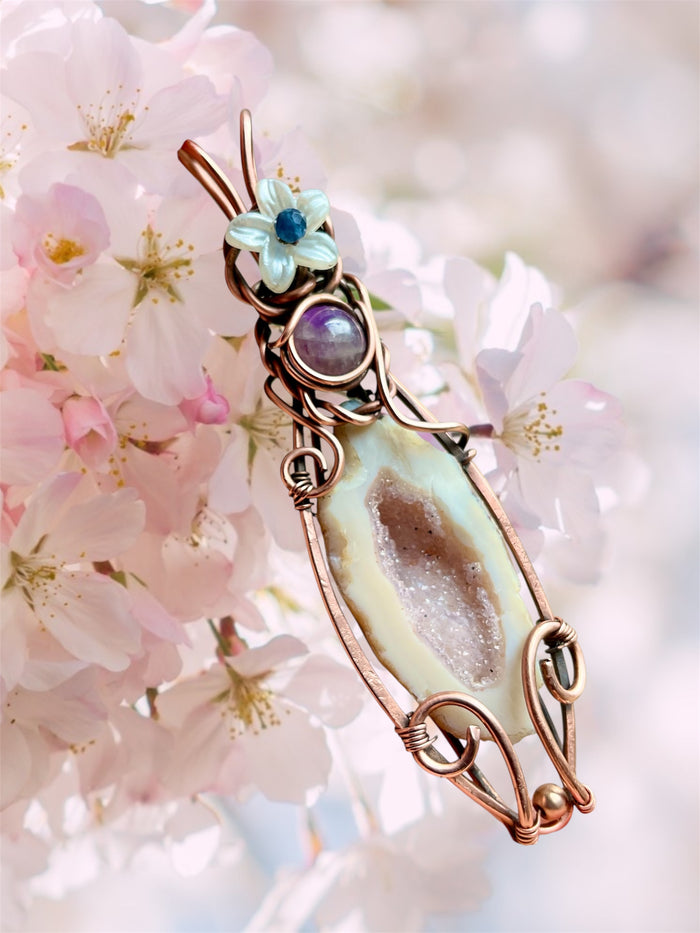 Pink Druzy Geode Agate with Amethyst and Sapphire Accents