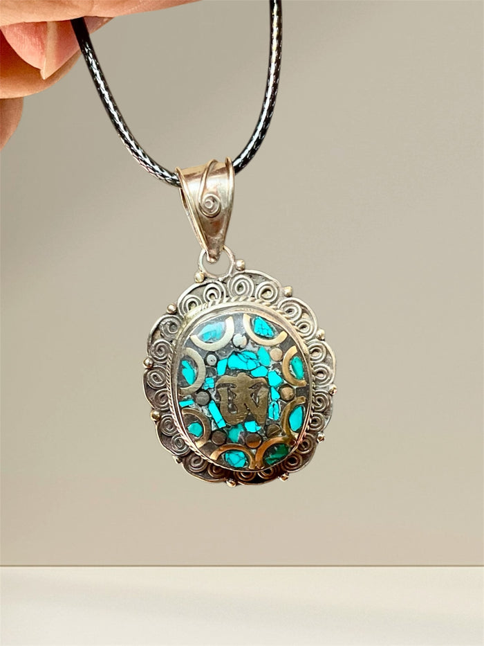 Tibetan Silver Om Pendant with Turquoise
