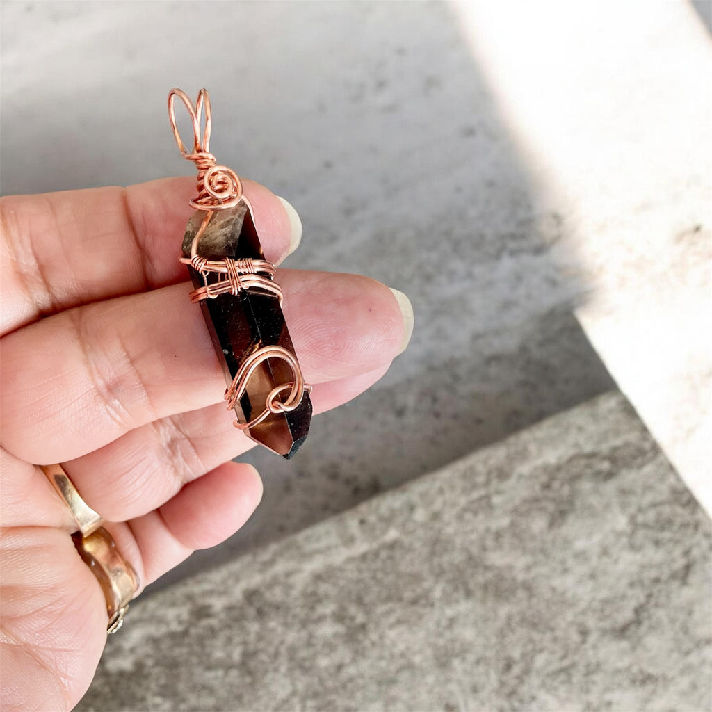 Himalayan Smoky Lemurian Quartz Point Copper Wire Wrapped Pendant