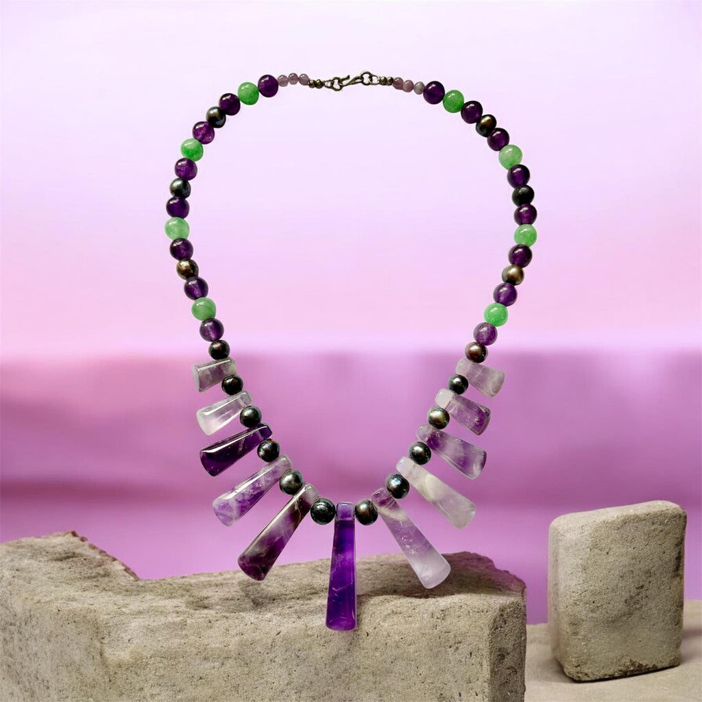 💜 Amethyst, Black Pearl & Aventurine Statement Necklace - Connie’s Crystals 