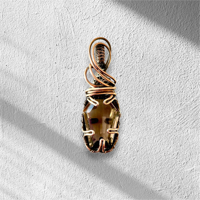 Smokey Quartz Coffin Pendant – Wire Wrapped with Black Spinel