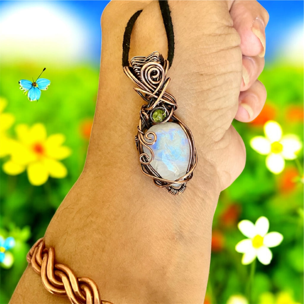 Rainbow Moonstone Wire Wrapped Pendant