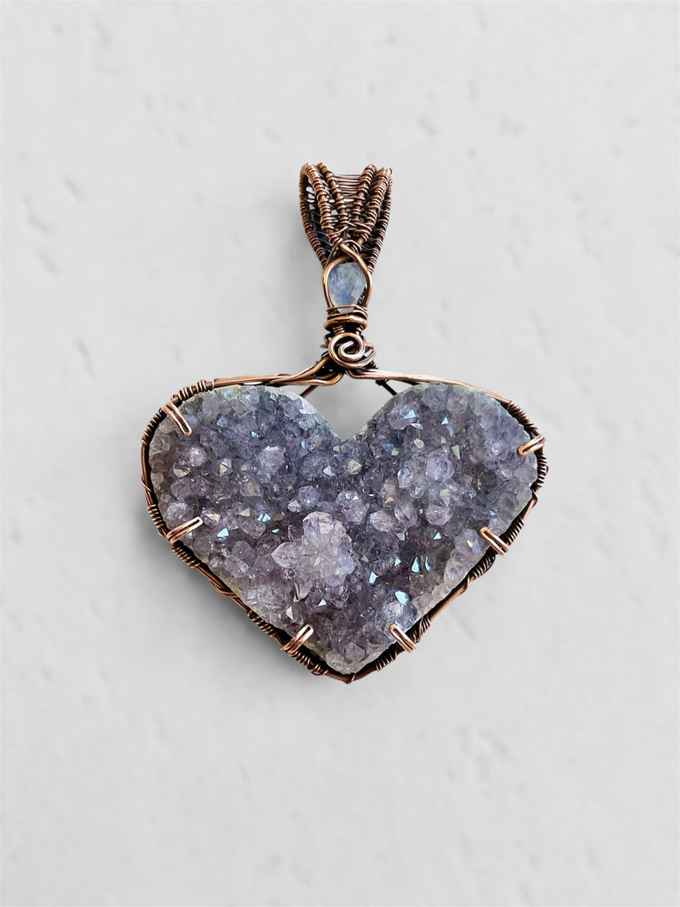 Amethyst Druzy Heart Pendant with Moonstone Accent - Connie’s Crystals 