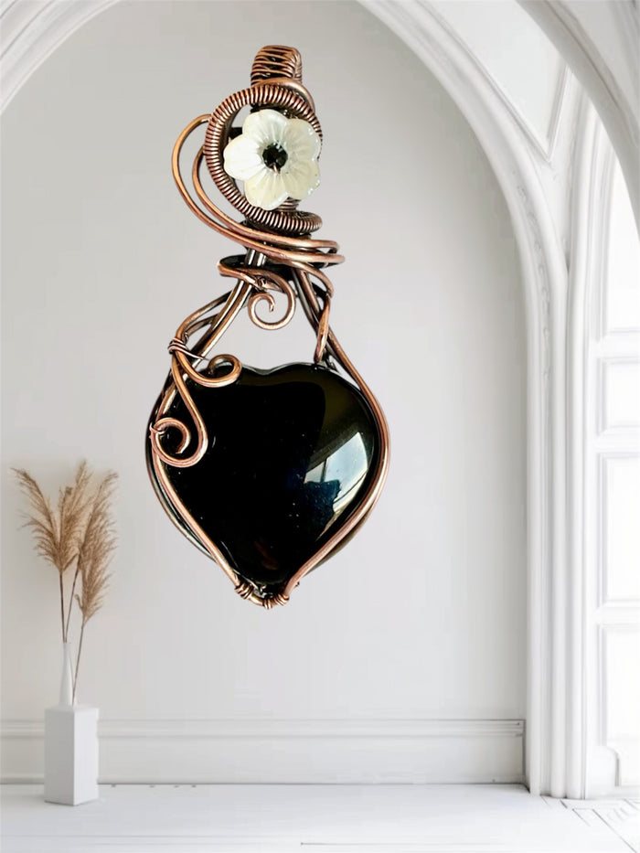 Black Obsidian Heart Pendant with Flower and Black Spinel Accent