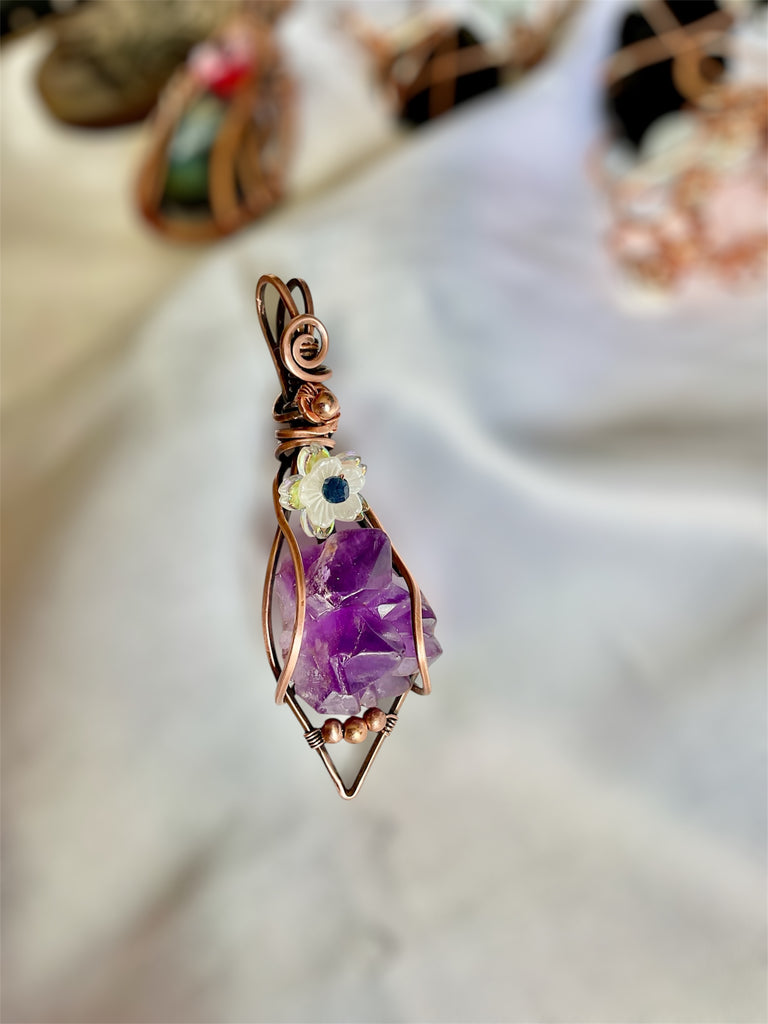 Raw Amethyst Pendant with Sapphire Flower Accent