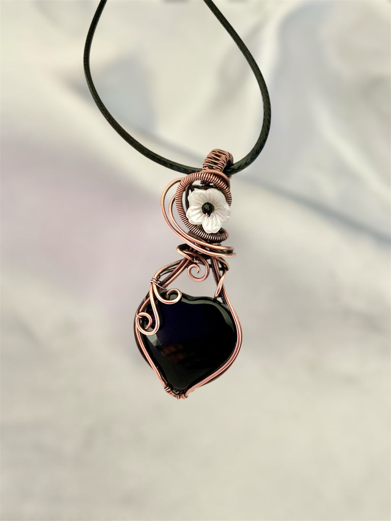 Black Obsidian Heart Pendant with Flower and Black Spinel Accent