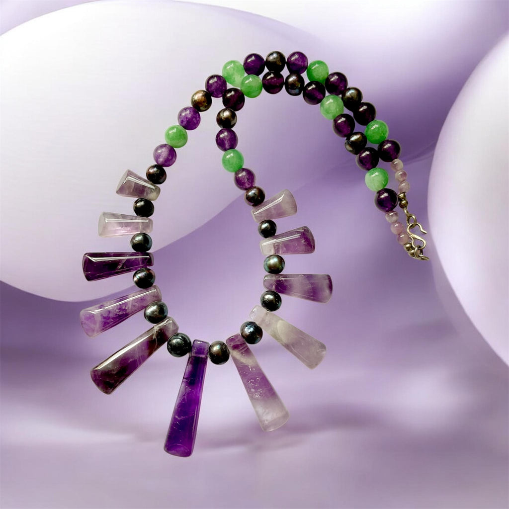 💜 Amethyst, Black Pearl & Aventurine Statement Necklace - Connie’s Crystals 