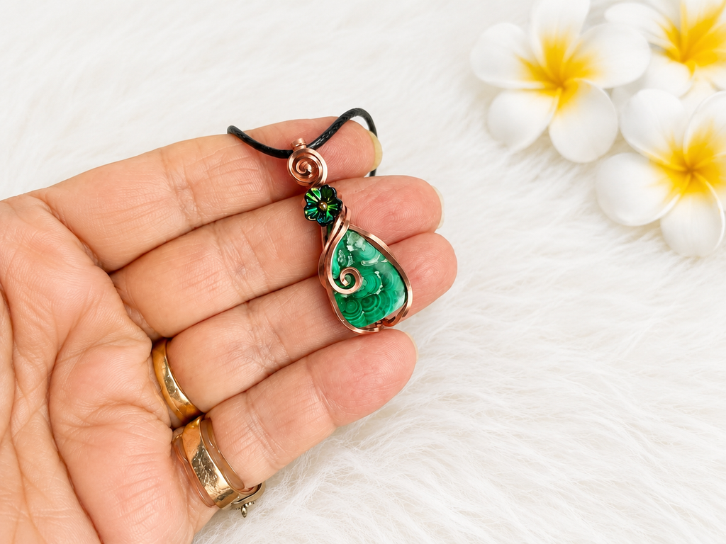 Malachite Copper Wire Wrapped Pendant with Green Flower Accent