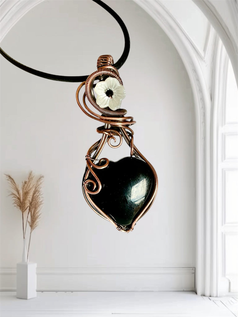 Black Obsidian Heart Pendant with Flower and Black Spinel Accent