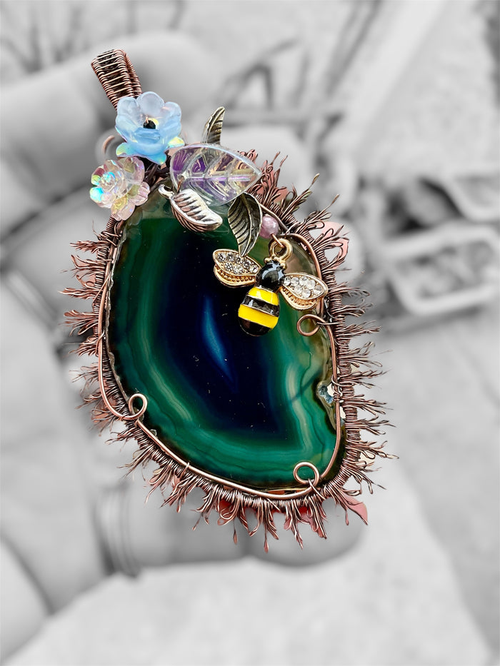 Teal Coloured Agate Slice Sun Pendant with Bee and Floral Accents