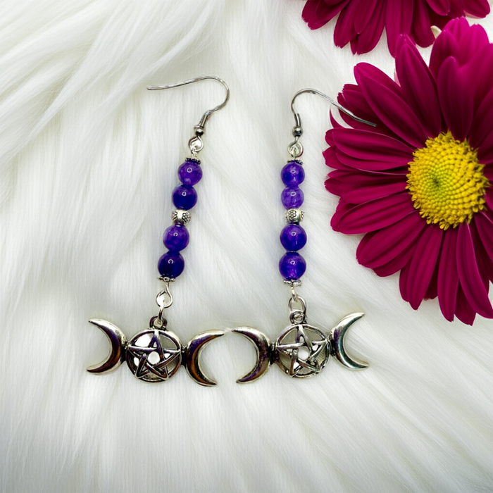 Amethyst Triple Moon Pentagram Earrings - Connie’s Crystals 