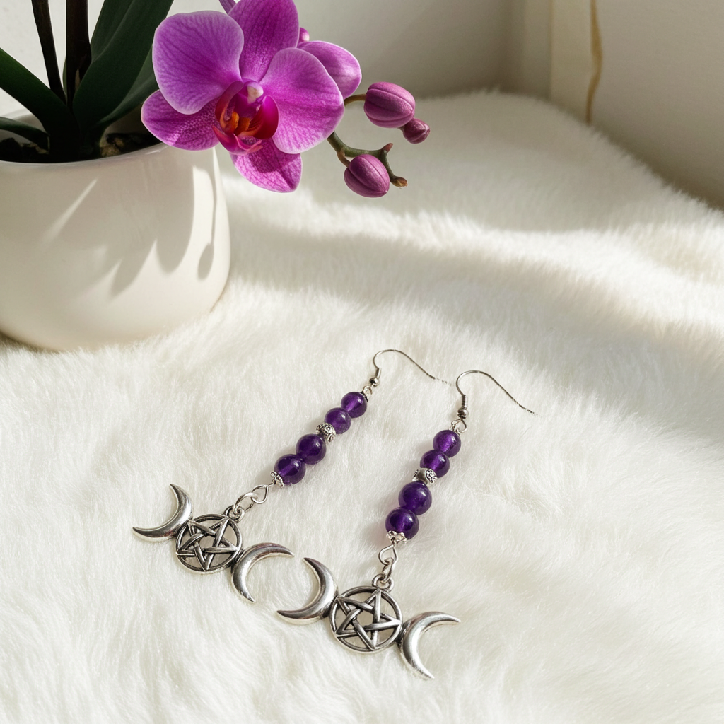 Amethyst Triple Moon Pentagram Earrings - Connie’s Crystals 