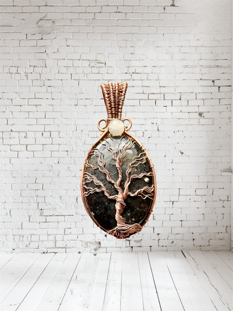 Nuummite Tree Of Life Pendant with Moonstone Accent