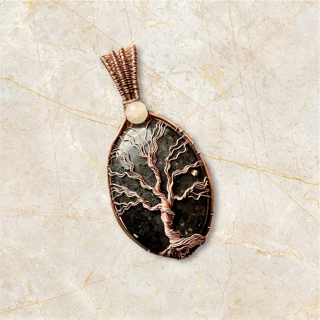 Nuummite Tree Of Life Pendant with Moonstone Accent