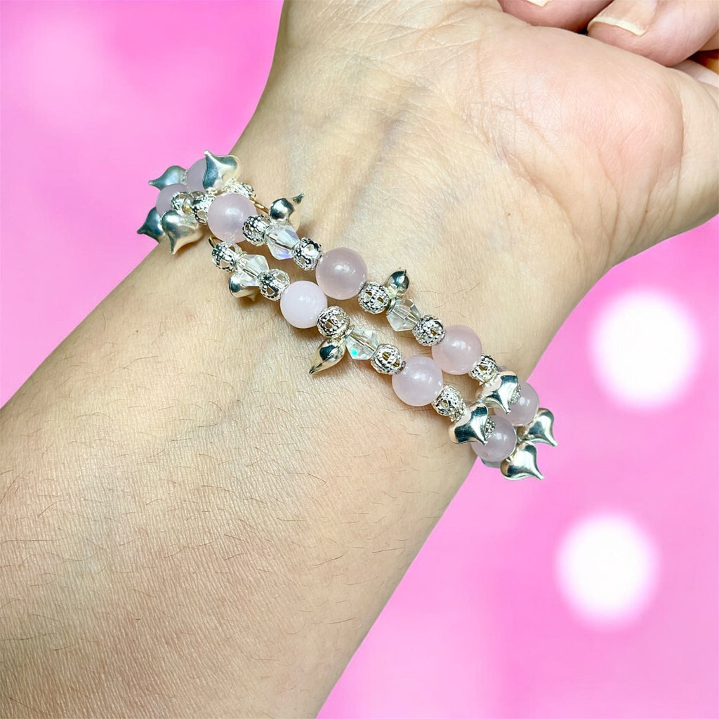 Rose Quartz “Chain Of Hearts” Memory Wire Bracelet - Connie’s Crystals 