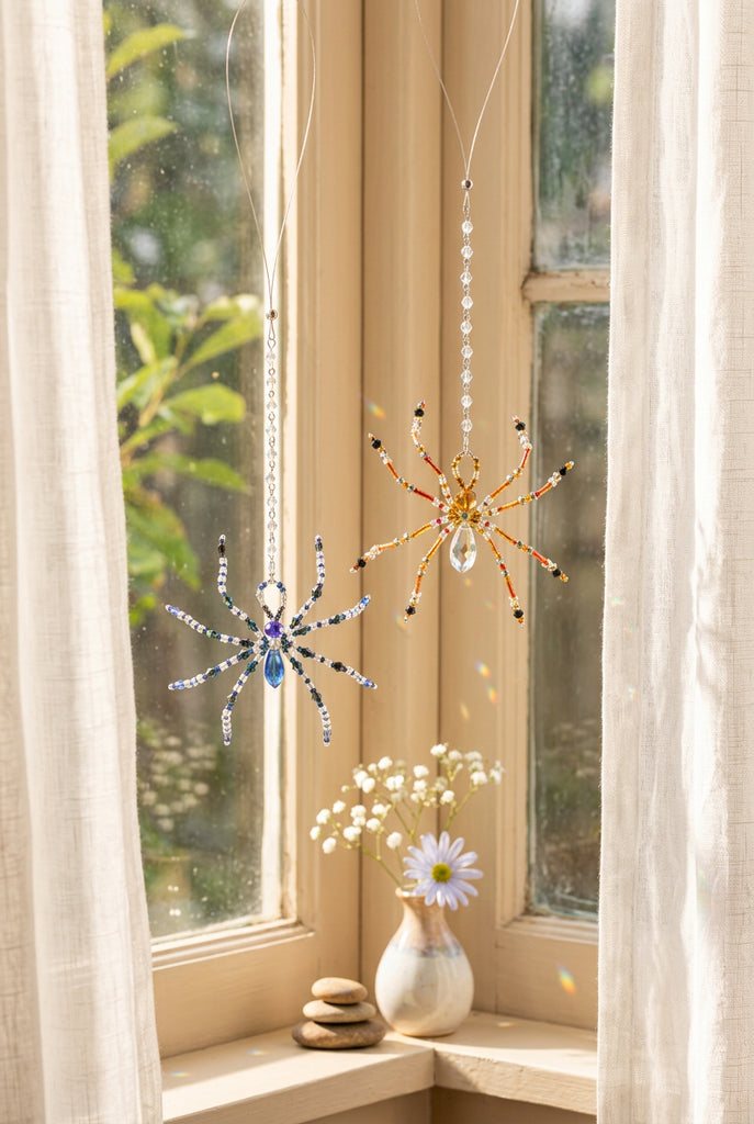 Handmade Crystal Spider Sun Catchers – Blue & Orange