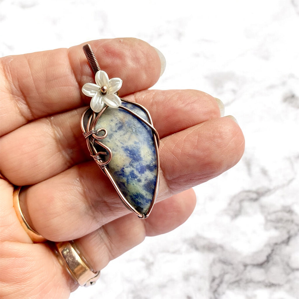 Sodalite Copper Wire Wrapped Pendant with Flower Accent