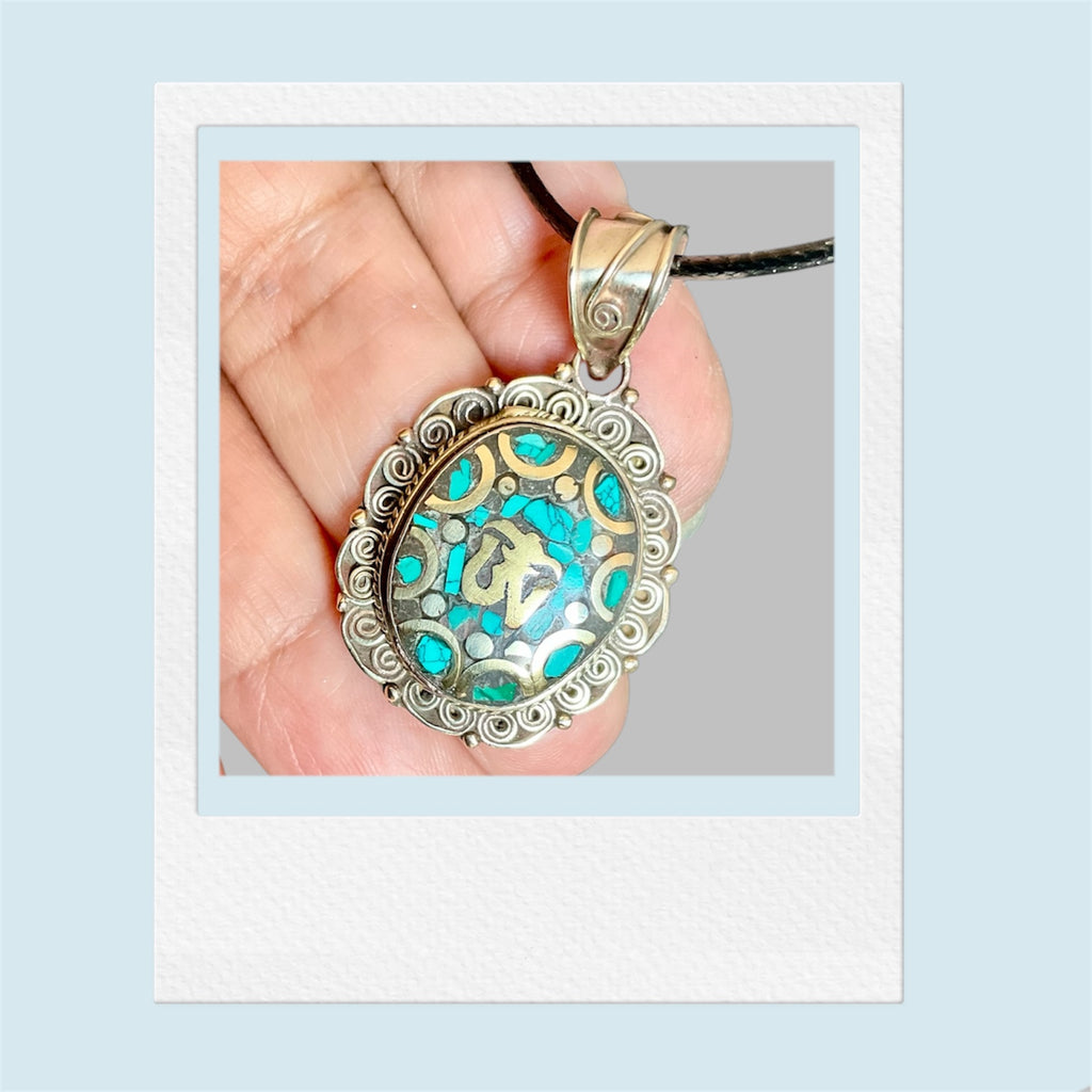 Tibetan Silver Om Pendant with Turquoise