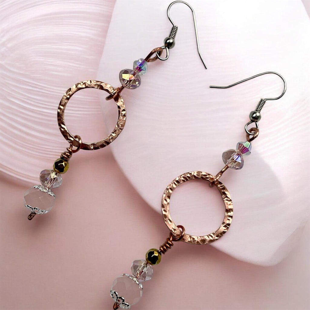 Handmade Rose Quartz & Copper Hammered Hoop Earrings