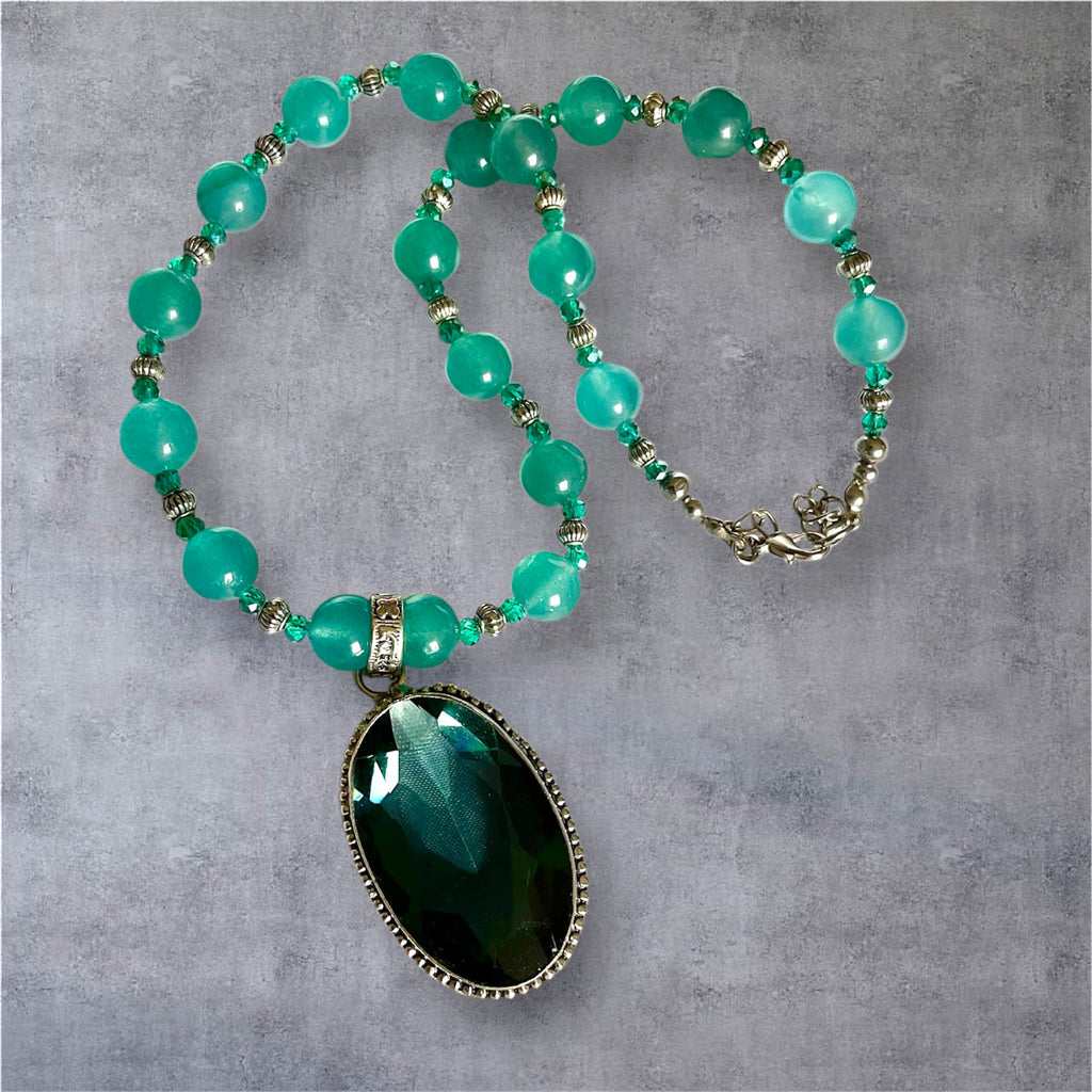 Green Iolite Faceted Pendant with Blue Jade & Tibetan Silver Necklace