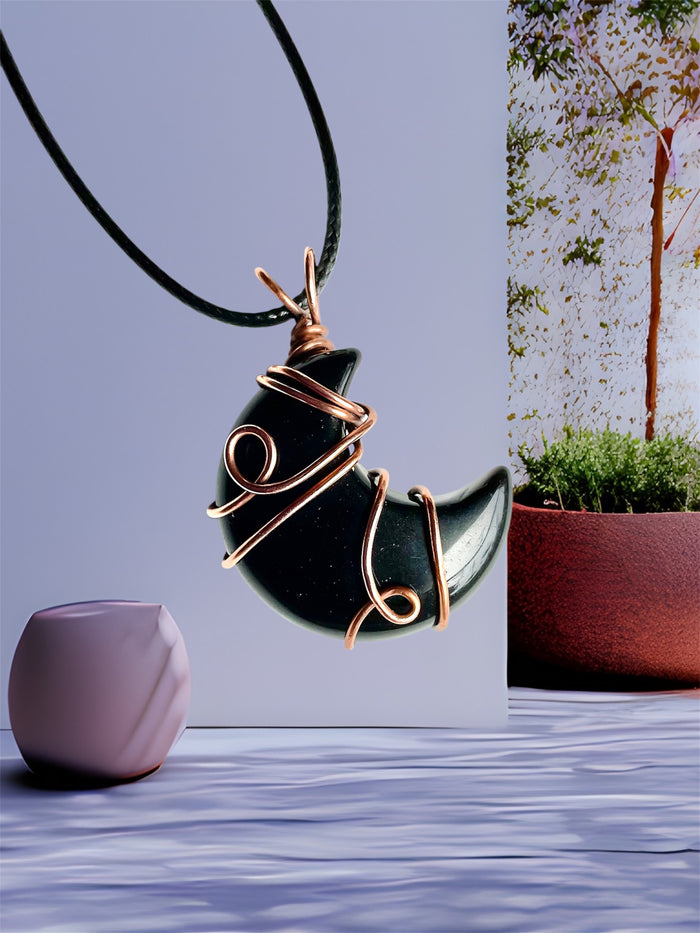 Black Obsidian Crescent Moon Pendant – Copper Wire Wrapped - Connie’s Crystals 