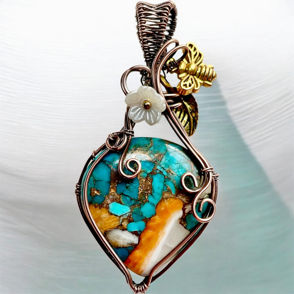 Spiny Oyster Turquoise Copper Wire-Wrapped Pendant