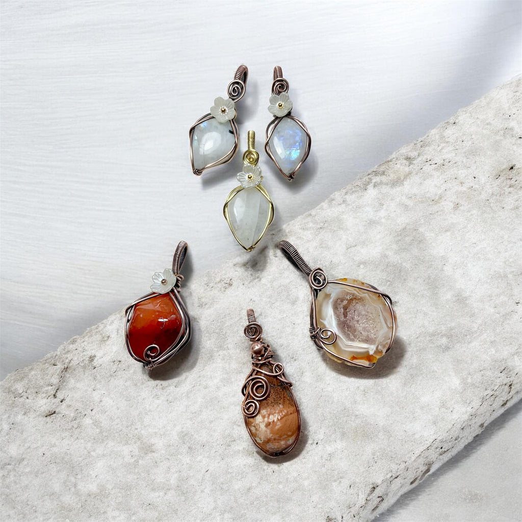 Rainbow Moonstone Wire Wrapped Pendants