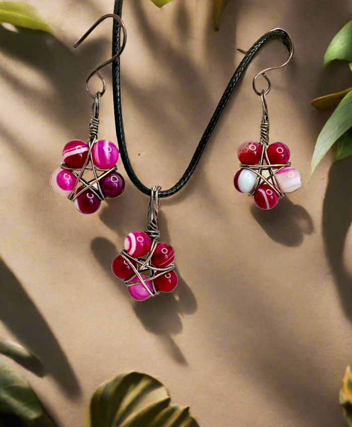 Magenta Striped Agate Pentagram Earrings & Pendant Set