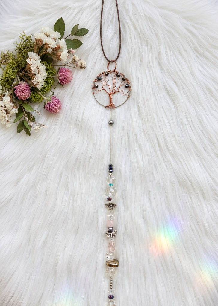 Tree of Life Sun Catcher with Rose Quartz & Copper