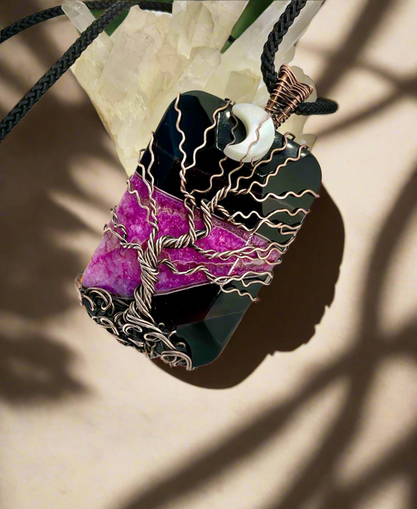Onyx Agate Druzy Geode Tree Of Life Pendant