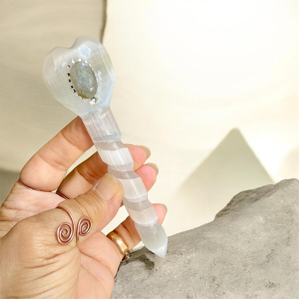 Crystal Athames & Selenite Ritual Wand with Labradorite – Choose Your Piece